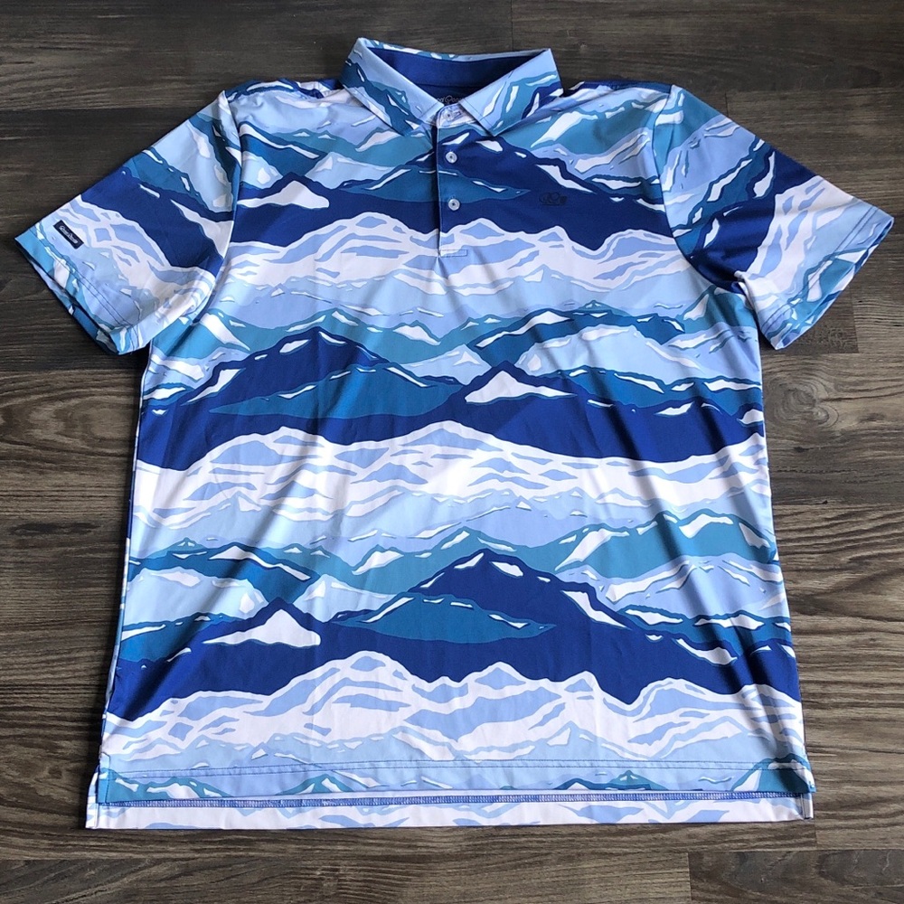 Good Good Golf Mountain Print Polo Shirt Blue XLarge